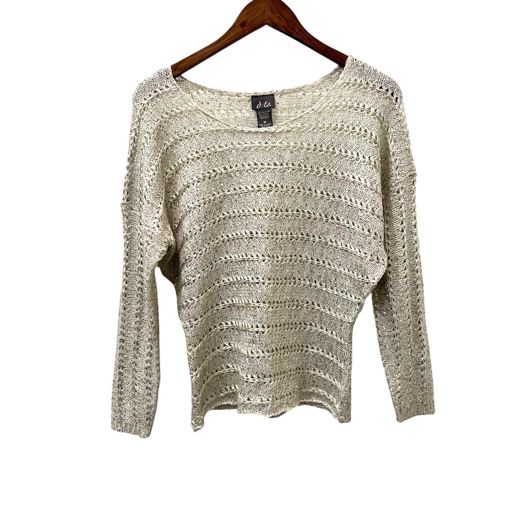 Dots  Crochet Open Knit Sweater Cream Silver Sequins Size Medium